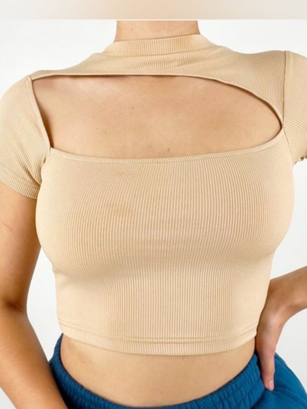 Beige Ribbed FrontCutout Crop Top